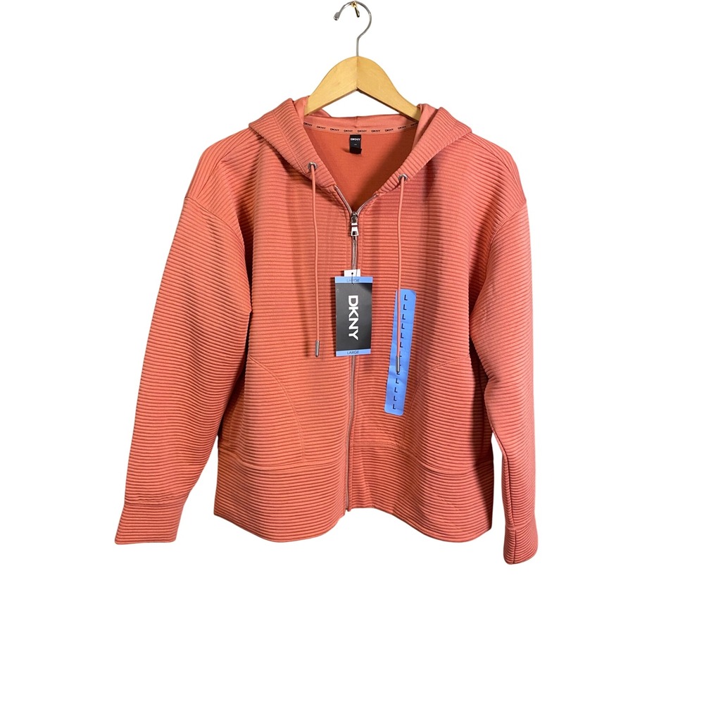 DKNY Ottoman‎ Full Zip Hoodie Faded Rose Ribbed Jacket DPMJ9667 Womens L NEW